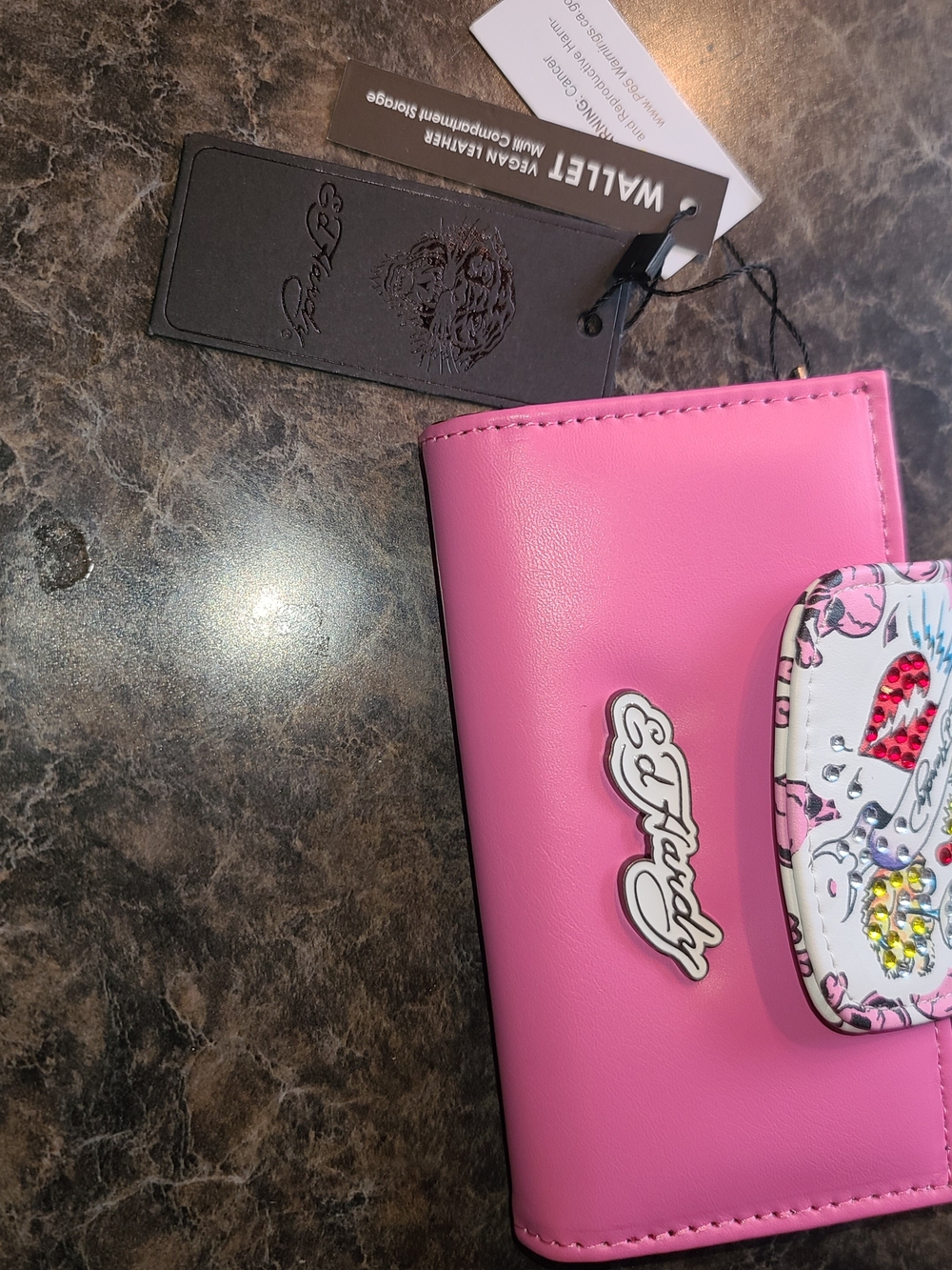 Ed Hardy Pink Leather Wallet with Decorative Foldover